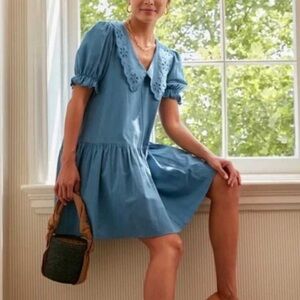 Pomander Place Blue Eyelet Collar Puff Sleeve Mini Dress Size XS